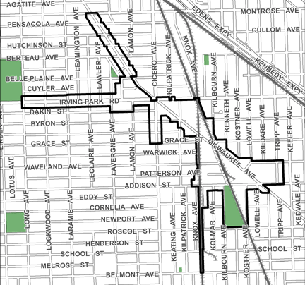 Portage Park TIF district, roughly bounded on the north by Montrose Avenue, Belmont Avenue on the south, Tripp and Milwaukee avenues on the east, and Long Avenue on the west.